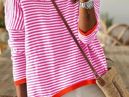 Pink Contrast Trimmed Striped Drop Shoulder Sweater Sale