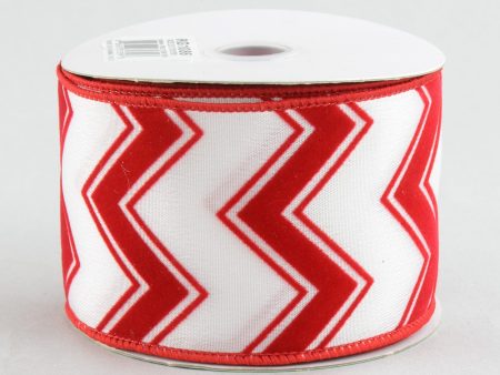 2.5  White & Red Flocked Chevron Ribbon (10 Yards) For Cheap