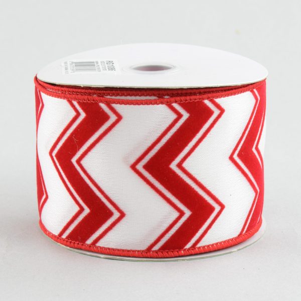 2.5  White & Red Flocked Chevron Ribbon (10 Yards) For Cheap