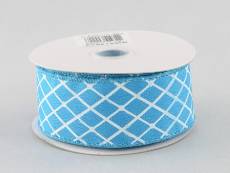 1.5  White Trellis Diamond Pattern Ribbon: Turquoise Blue Online Sale