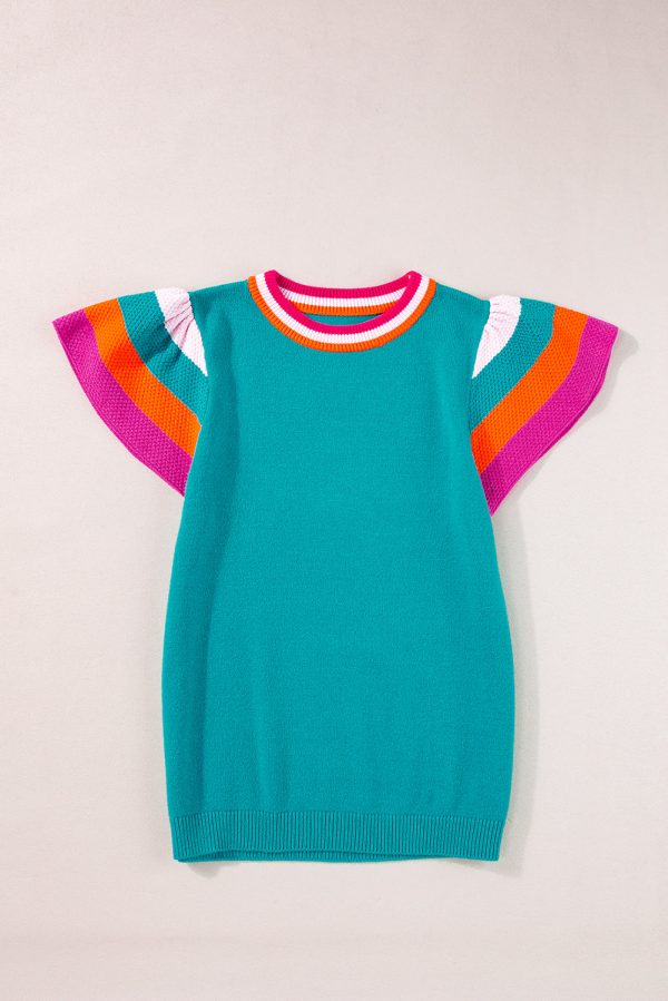 Turquoise Contrast Flutter Sleeves Knitted Sweater T Shirt on Sale