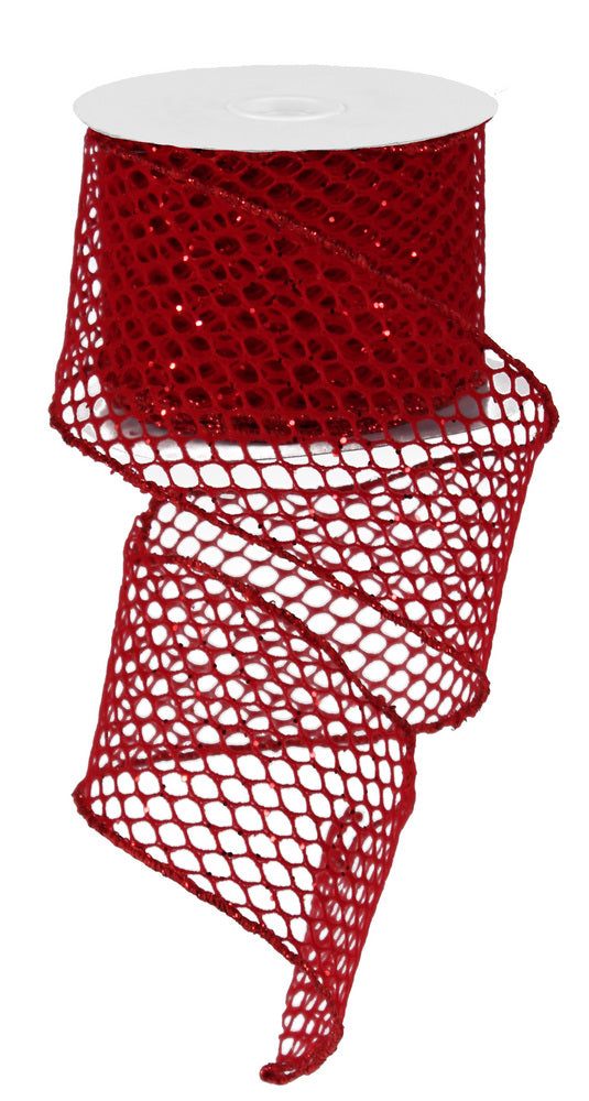 2.5  Red Velvet & Glitter Fishnet Ribbon (10 Yards) on Sale