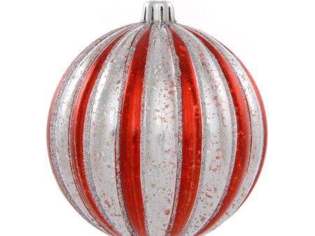 100MM Round Vertical Stripe Metallic Ball Ornament: Red & Antique Silver Stripe Online now