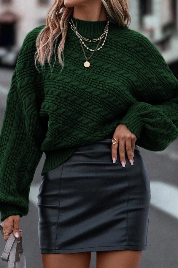 Blackish Green Mock Neck Lantern Sleeve Cable Knit Sweater For Sale