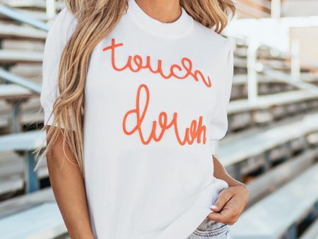 White Touchdown Tinsel Puff Short Sleeve Crew Neck Sweater Discount