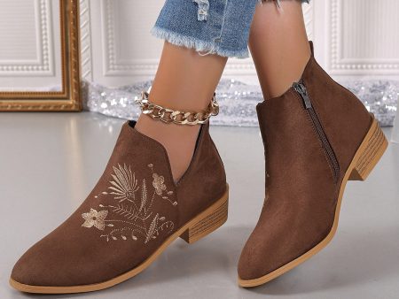 Embroidered Suede Point Toe Block Heel Boots Online now