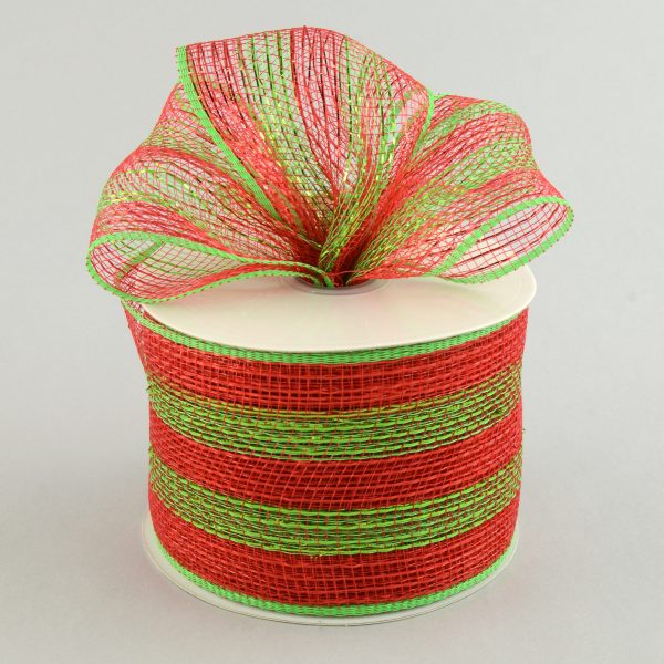 4  Poly Deco Mesh Ribbon: Metallic Red Lime Stripe Online Sale