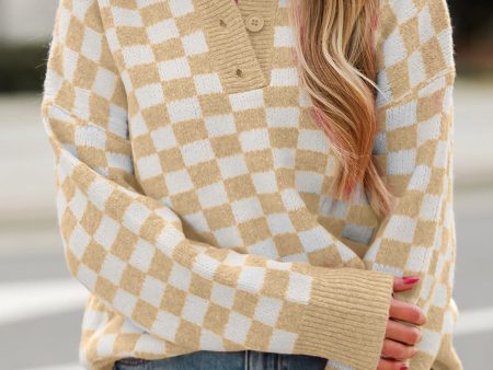 Apricot Checkered Buttons Collar V Neck Drop Shoulder Sweater Online Hot Sale