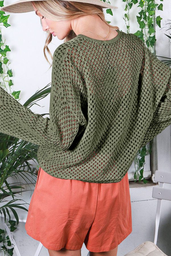 Vineyard Green Open Knit Buttoned Neck Split Sleeve Sweater Online Hot Sale