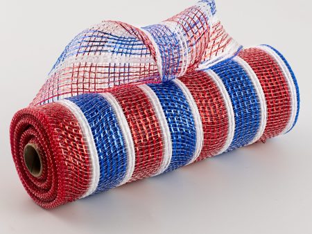 10  Poly Deco Mesh: Metallic Red, Blue & White Stripes (10 Yards) Hot on Sale