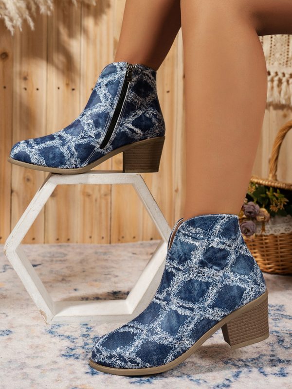 Printed Block Heel Boots with Side Zip For Discount