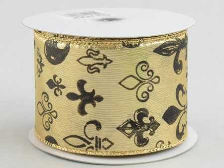 2.5  Gold Lamé Fleur De Lis Print Ribbon: Black & Gold (10 Yards) Sale