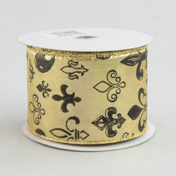 2.5  Gold Lamé Fleur De Lis Print Ribbon: Black & Gold (10 Yards) Sale