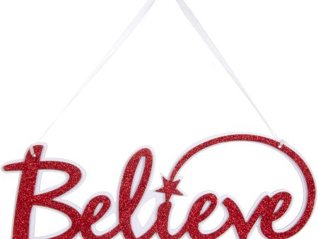 14  Glittered Believe Word Sign: Red & White Online Hot Sale