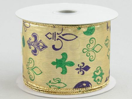 2.5  Gold Lamé Fleur De Lis Print Ribbon: Mardi Gras (10 Yards) Online