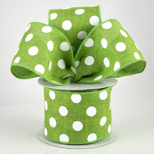 2.5  Linen Polka Dot Ribbon: White on Lime Green (10 Yards) Fashion