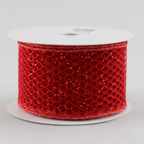 2.5  Red Velvet & Glitter Fishnet Ribbon (10 Yards) on Sale