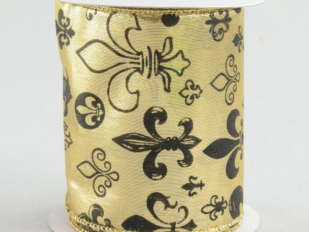 4  Gold Lamé Fleur De Lis Print Ribbon: Black & Gold (10 Yards) Fashion