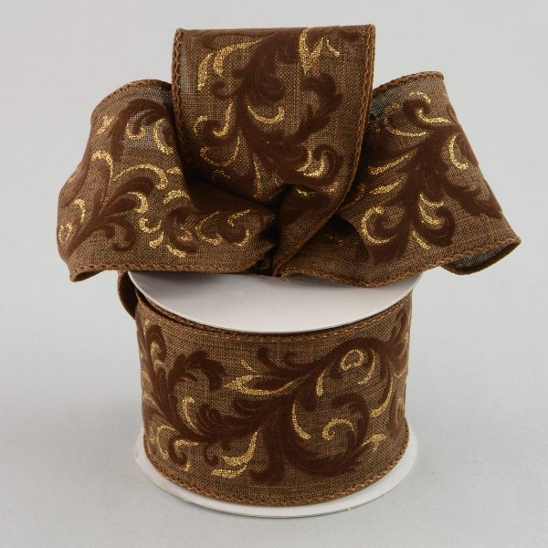 2.5  Woven Chocolate Brown Leaf Ribbon (10 Yards) Online Hot Sale