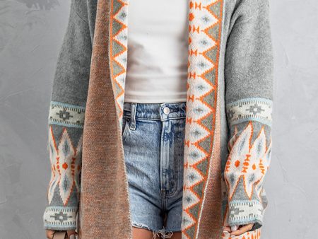 Gray Aztec Print Open Front Knitted Cardigan on Sale