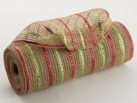 10  Poly Jute Deco Mesh: Natural & Lime Red Metallic Stripe (10 Yards) For Discount