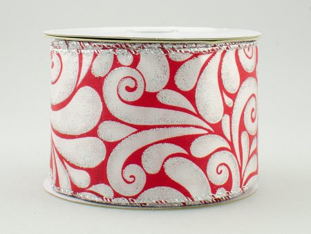 2.5  White & Red Floral Swirls Ribbon (10 Yards) For Discount