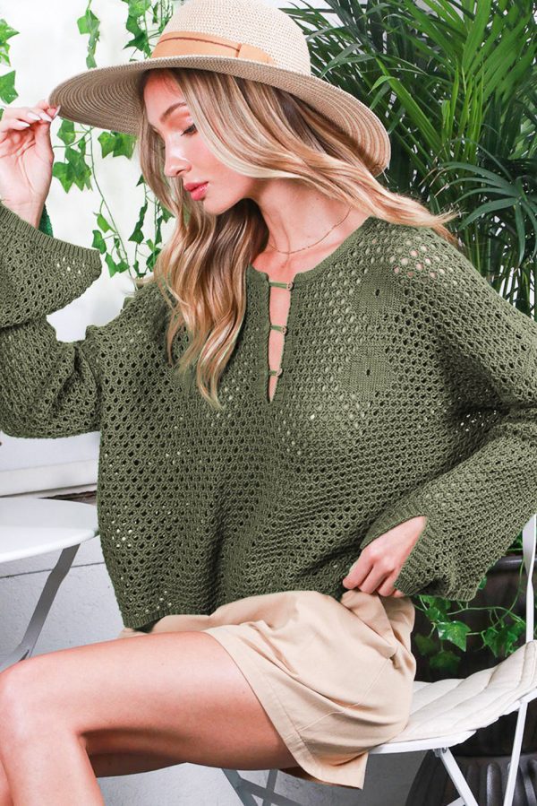 Vineyard Green Open Knit Buttoned Neck Split Sleeve Sweater Online Hot Sale