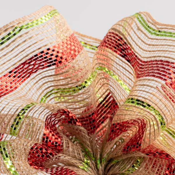 10  Poly Jute Deco Mesh: Natural & Metallic Red Lime Green Pinstripe (10 Yards) Online