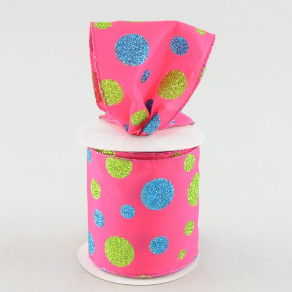 4  Hot Pink, Lime, Turqouise Glitter Dot Ribbon (10 Yds) Cheap