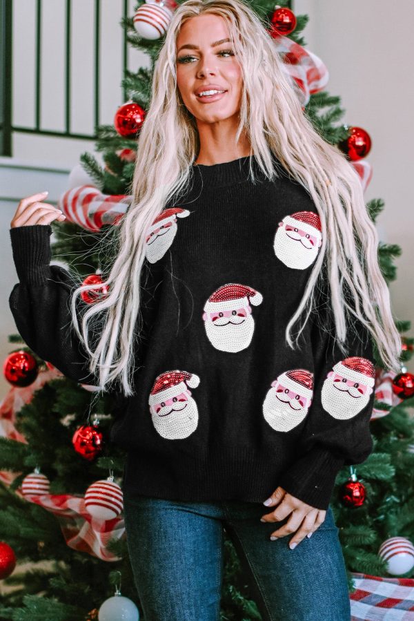 Black Sequined Santa Clause Bishop Sleeve Sweater Supply