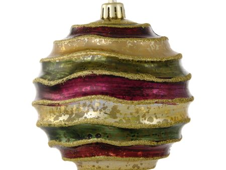 100MM Groove Horizontal Stripe Metallic Ball Ornament: Gold, Burgundy & Moss Green Cheap