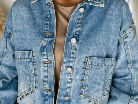 Studded Acid Wash Long Sleeve Denim Jacket For Cheap