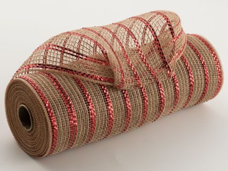 10  Poly Jute Deco Mesh: Natural & Red Metallic Stripe (10 Yards) Supply