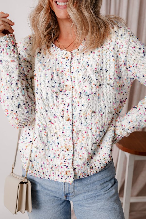 White Rhinestone Decor Multicolor Confetti Sweater Cardigan Online now