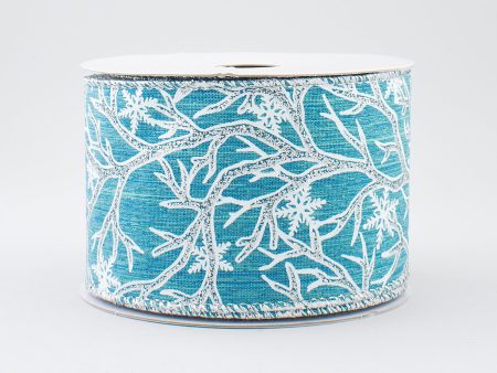 2.5  Glitter Snowflake Branch Canvas Ribbon: Turquoise, White, Silver (10 Yards) Cheap