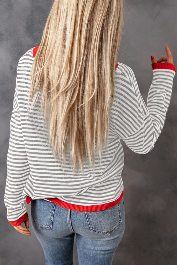 Gray Contrast Trimmed Striped Drop Shoulder Sweater Online now