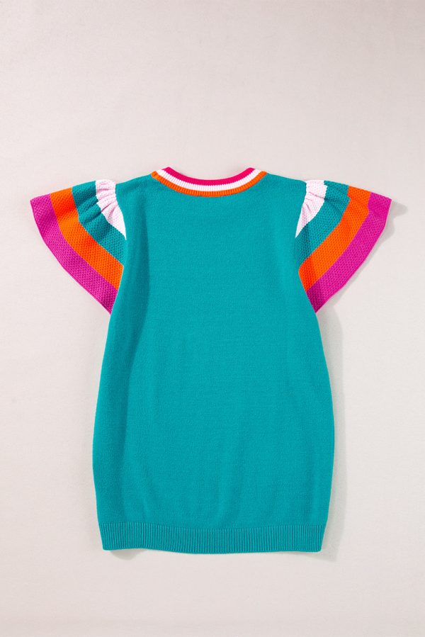 Turquoise Contrast Flutter Sleeves Knitted Sweater T Shirt on Sale