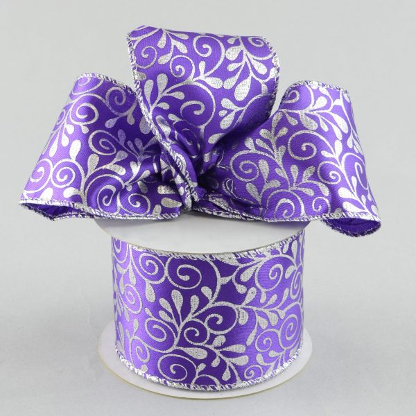 2.5  Purple & Silver Floral Leaf Ribbon (10 Yards) Online Hot Sale