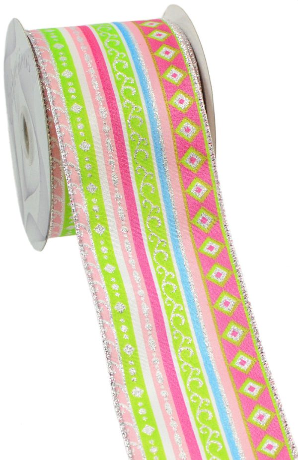 2.5  Lime Pink Blue Multi-Stripe Ribbon (10 Yds) Cheap