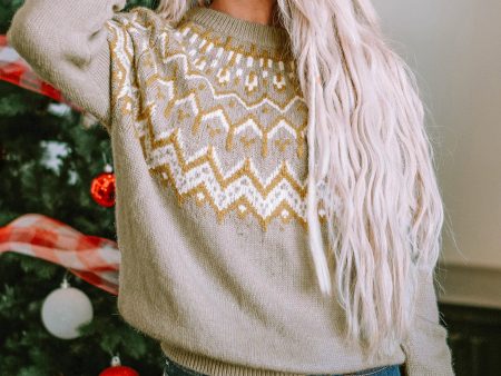 Gray Geometric Pattern Ribbed Round Neck Sweater Hot on Sale