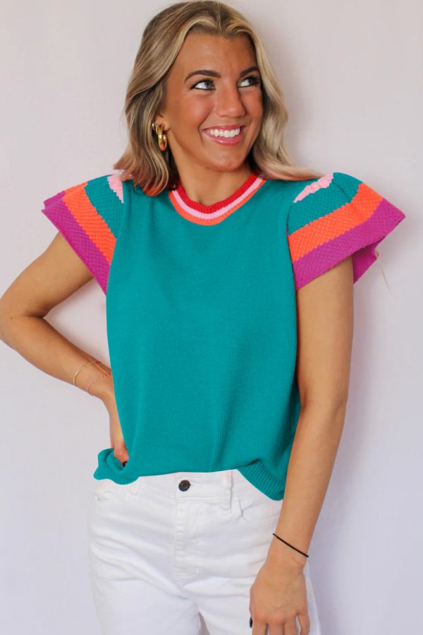 Turquoise Contrast Flutter Sleeves Knitted Sweater T Shirt on Sale