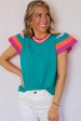 Turquoise Contrast Flutter Sleeves Knitted Sweater T Shirt on Sale