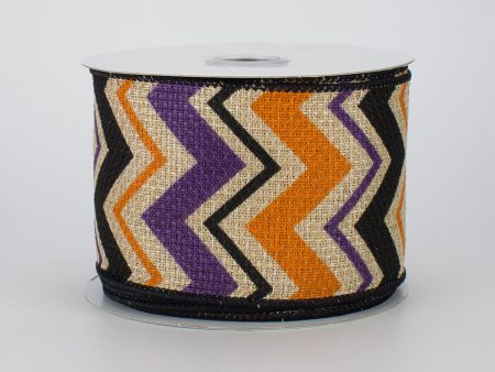 2.5  Faux Burlap Halloween Chevron Ribbon: Purple, Orange & Black (10 Yards) Online Sale