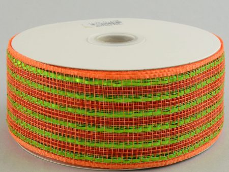 2.5  Poly Deco Mesh Ribbon: Deluxe Wide Foil Lime Orange Stripe Online Hot Sale