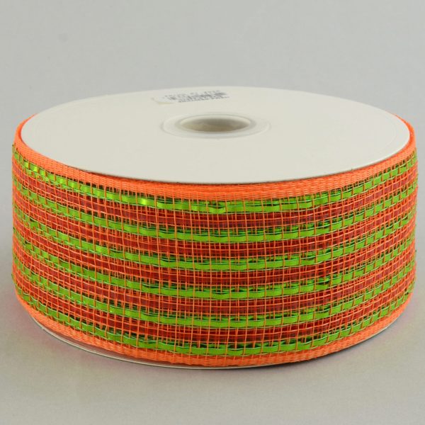 2.5  Poly Deco Mesh Ribbon: Deluxe Wide Foil Lime Orange Stripe Online Hot Sale