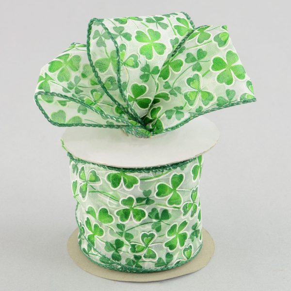 2.5  Sheer Clover Ribbon: White & Green (10 Yards) For Cheap