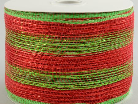 4  Poly Deco Mesh Ribbon: Metallic Red Lime Stripe Online Sale