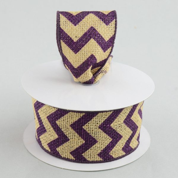 2.5  Natural Burlap Ribbon With Purple Chevron Pattern (10 Yards) For Discount