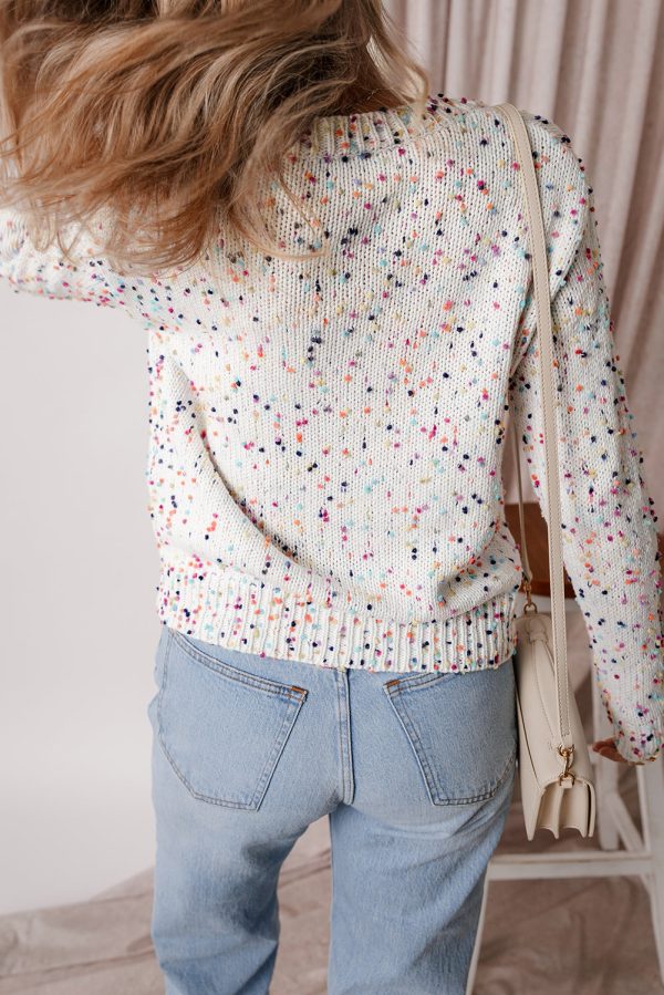 White Rhinestone Decor Multicolor Confetti Sweater Cardigan Online now