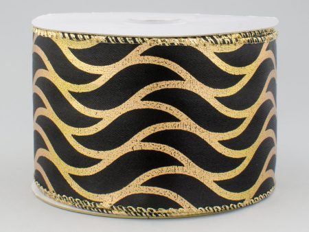 2.5  Black Satin Ribbon With Gold Metallic Wave Pattern (10 Yards) Discount